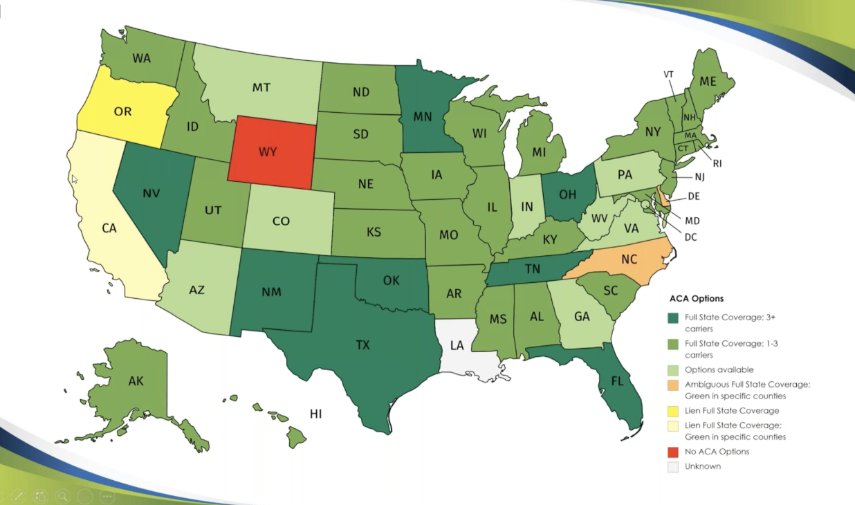 Map of the United States shading each state by its ACA surrogacy coverage options as of 2021 — green where Marketplace plans are available, yellow for lien states, red where there are no ACA options.